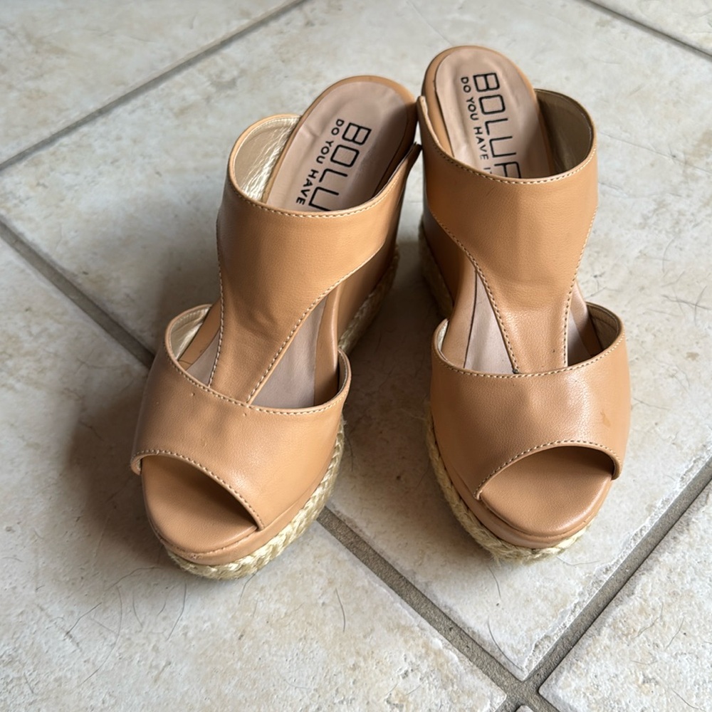 Tan Wedge Sandals with Peep-Toe Design and Braided Sole